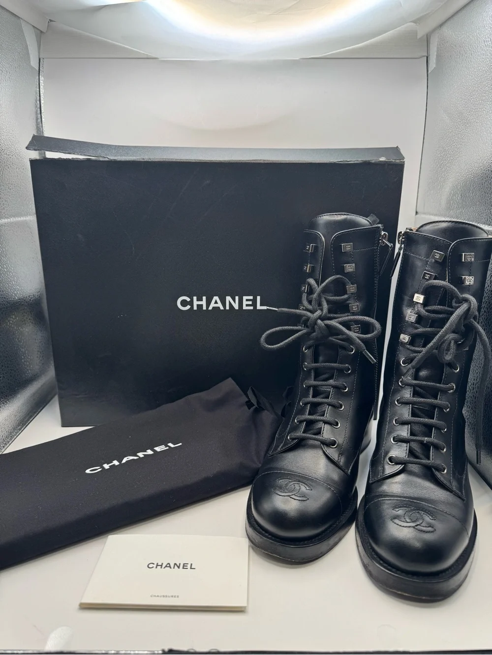 CHANEL Black Calfskin Leather Lace-Up Combat Boots CC Logo Size 37